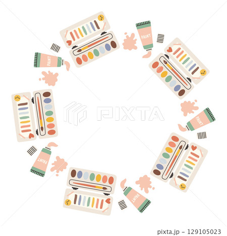 Simple school circle frame. Round school themed border made of different school objects. Soft pastel colors back to school hand drawn vector banner isolated on white background. Simple school circle frame. Round school themed border made of different school objects. Soft pastel colors back to school hand drawn vector banner isolated on white background. 129105023