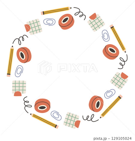 Simple school circle frame. Round school themed border made of different school objects. Soft pastel colors back to school hand drawn vector banner isolated on white background. 129105024
