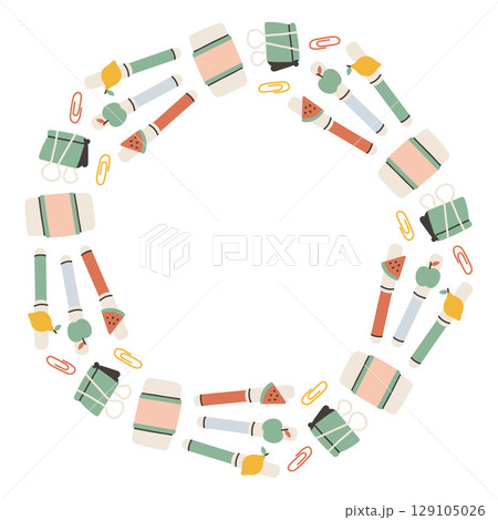 Simple school circle frame. Round school themed border made of different school objects. Soft pastel colors back to school hand drawn vector banner isolated on white background. 129105026