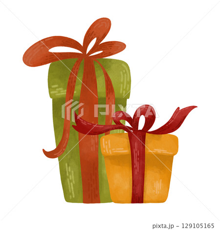 Gift boxes are a festive watercolor composition in autumn colors. It is a design element for printing, children's prints, and decorations. 129105165