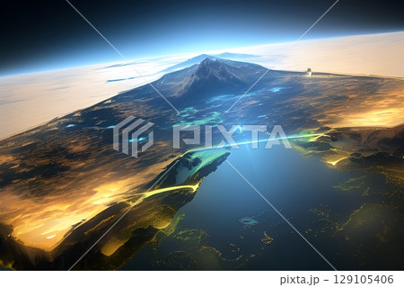 ゲーム背景　夜景を見下ろす地球の地平線風景 129105406