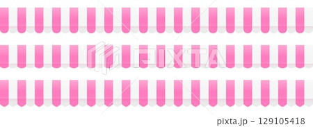 Striped shop tent repeated design set. Store window awning pattern collection. Cafe or restaurant roof canopy pack. Pink and white stall market place cover. Repeating stripe sunshade design. Vector 129105418