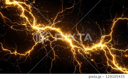 黒背景に輝く黄金の稲妻|電気エネルギーを表現した抽象的な光の背景 黒背景に輝く黄金の稲妻|電気エネルギーを表現した抽象的な光の背景 129105435
