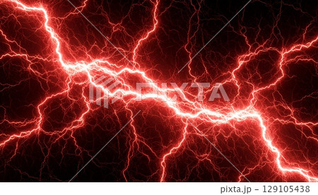 黒背景に輝く赤い稲妻|電気エネルギーを表現した抽象的な光の背景 黒背景に輝く赤い稲妻|電気エネルギーを表現した抽象的な光の背景 129105438
