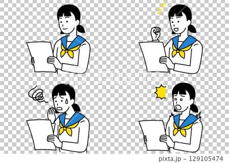 Female students looking at documents set Female students looking at documents set 129105474