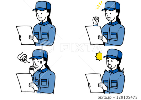 書類を見るつなぎ作業服の女性 セット 書類を見るつなぎ作業服の女性 セット 129105475