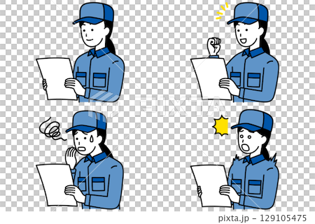 書類を見るつなぎ作業服の女性 セット 書類を見るつなぎ作業服の女性 セット 129105475