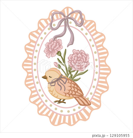 Vintage little bird and carnation flower in a wavy oval frame. Romantic coquette style design in soft colors. Perfect for greeting cards or mother day invitations. Great for summer print and poster. Vintage little bird and carnation flower in a wavy oval frame. Romantic coquette style design in soft colors. Perfect for greeting cards or mother day invitations. Great for summer print and poster. 129105955