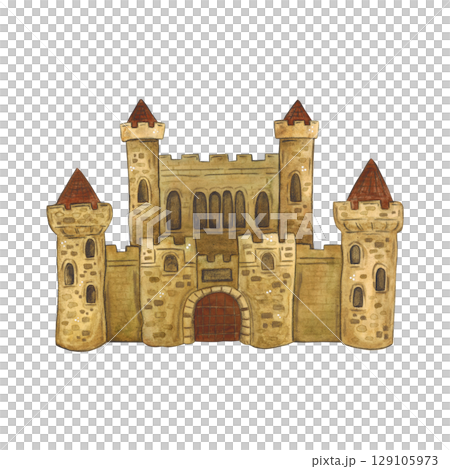 Old medieval castle. Watercolor illustration hand drawn, cartoon. drawing for stickers, cards, printing, scrapbooking. history, building, housing, stone, fairy tale, advent Old medieval castle. Watercolor illustration hand drawn, cartoon. drawing for stickers, cards, printing, scrapbooking. history, building, housing, stone, fairy tale, advent 129105973