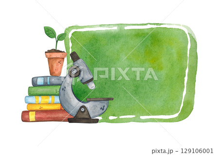 Sticker for notes with microscope with stack of books and potted plant. Watercolor illustration, hand drawn, cartoon. Design for stickers, cards, invitations, scrapbooking. Science, school 129106001
