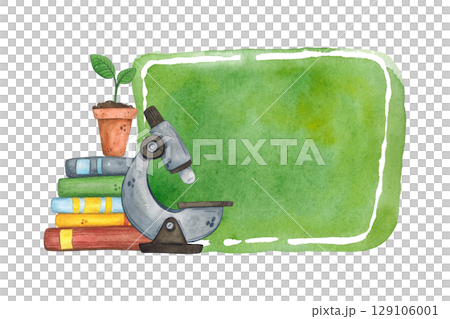 Sticker for notes with microscope with stack of books and potted plant. Watercolor illustration, hand drawn, cartoon. Design for stickers, cards, invitations, scrapbooking. Science, school Sticker for notes with microscope with stack of books and potted plant. Watercolor illustration, hand drawn, cartoon. Design for stickers, cards, invitations, scrapbooking. Science, school 129106001