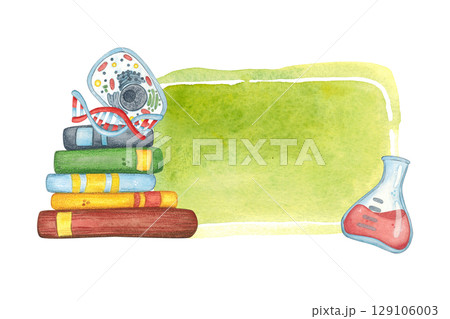 Note sticker with stack of books, cell, DNA molecule and flask with solution. Watercolor illustration, hand drawn, cartoon. Design for stickers, invitations, scrapbooking. Science, school 129106003
