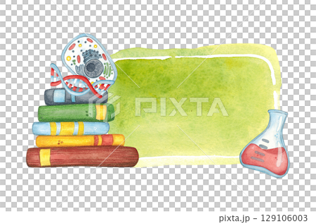 Note sticker with stack of books, cell, DNA molecule and flask with solution. Watercolor illustration, hand drawn, cartoon. Design for stickers, invitations, scrapbooking. Science, school 129106003