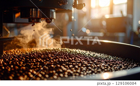 焙煎機の中で焙煎されるコーヒー豆 焙煎機の中で焙煎されるコーヒー豆 129106084