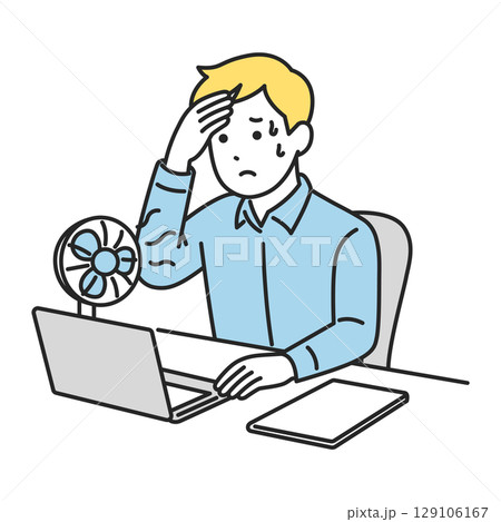 暑さに耐えながらデスクで仕事をする男性（夏のオフィス） 129106167