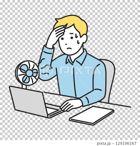 暑さに耐えながらデスクで仕事をする男性（夏のオフィス） 129106167