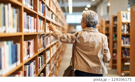 図書館で本を探しているシニア男性 図書館で本を探しているシニア男性 129106175