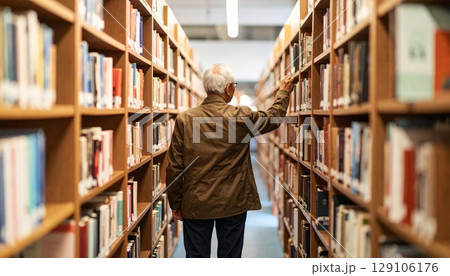 図書館で本を探しているシニア男性 図書館で本を探しているシニア男性 129106176