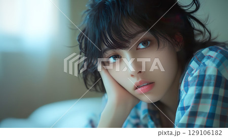 寝起きでぼんやりとした表情のパジャマ姿の若い女性 129106182