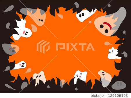 森の中の白おばけたち・黄色背景・森のシルエットと、かわいい、白いおばけたち	 129106198