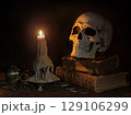Still Life with burning Candle, Skull and Antique Books. 129106299