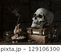 Still life with Candle, Skull, and Antique Objects. 129106300