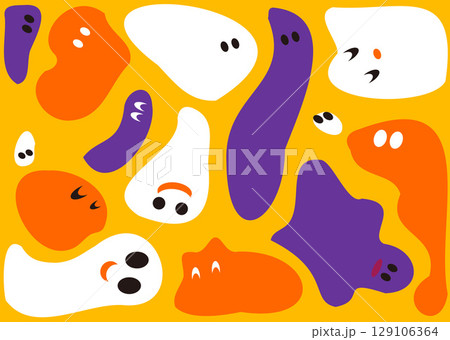 おばけたち・黄色背景・カラフルな可愛いおばけたち・おばけの顔付きシルエット 129106364