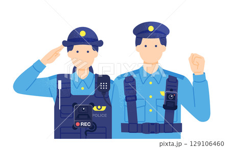 ウェアラブルカメラを付けた男性警官と敬礼する女性警察官 ボディカメラ装着した警察のベクターイラスト 129106460