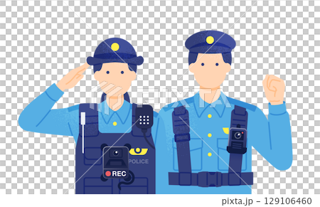 一名配戴隨身攝影機的男警官和一名敬禮的女警官。向量圖示警察佩戴隨身攝影機。 129106460