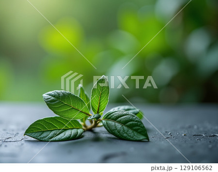 Tropical Leaf Branch on Dark Surface with Natural Gloss and Outdoor Foliage Blur 129106562