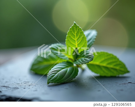 Mint Leaves with Serrated Edges and Vein Texture on Dark Surface with Herbal Blur Mint Leaves with Serrated Edges and Vein Texture on Dark Surface with Herbal Blur 129106565