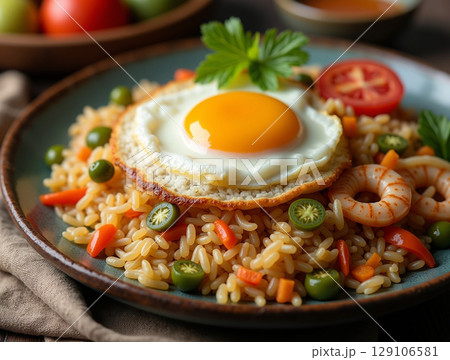 Indonesian Fried Rice with Sunny Side Up Egg and Shrimp Garnish on Rustic Plate with Green Chili and Tomato Accents 129106581