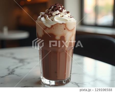 Indulgent Iced Chocolate Shake with Whipped Cream and Shavings on Marble Table in Natural Indoor Light 129106588