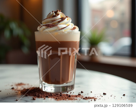 Creamy Chocolate Milkshake with Whipped Cream and Shavings on Marble Tabletop in Cozy Indoor Setting 129106589