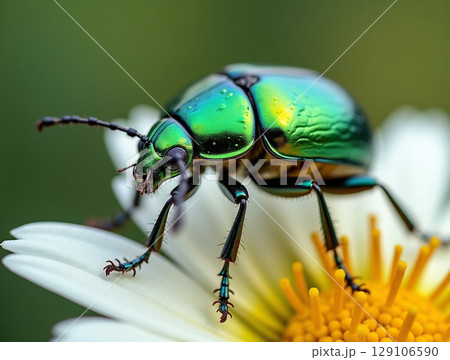 Metallic Green Beetle with Iridescent Shell on Daisy Petal under Natural Light with Detailed Antenna and Leg Hair in Macro Wildlife Shot 129106590