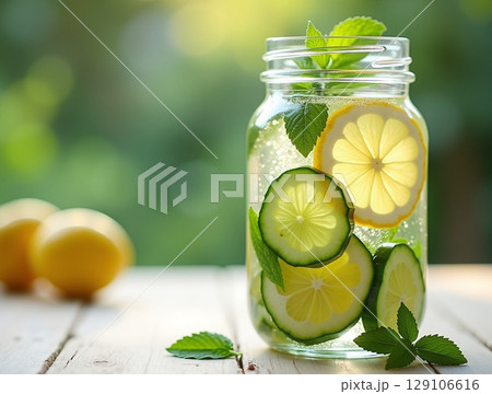 Citrusy Detox Jar with Lemon, Cucumber, and Mint on Wooden Table in Garden Backdrop Citrusy Detox Jar with Lemon, Cucumber, and Mint on Wooden Table in Garden Backdrop 129106616