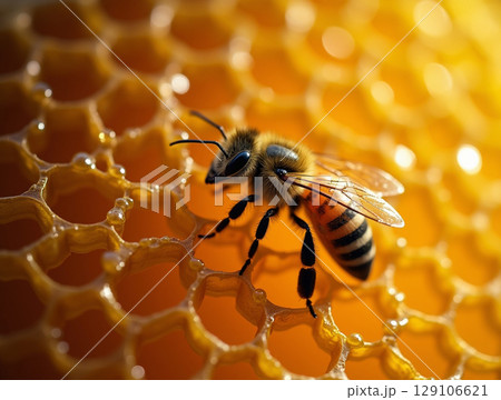 Honeybee on Golden Honeycomb Surface with Striped Body and Translucent Wings in Natural Hive Light 129106621