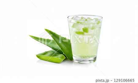 Fresh aloe vera juice in glass with green plant leaves for natural health drink concept 129106665