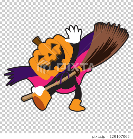 An illustration of a pumpkin lantern flying happily on a broom, perfect for Halloween 129107063