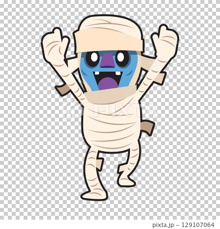 An illustration of a mummy character having fun with both hands raised An illustration of a mummy character having fun with both hands raised 129107064