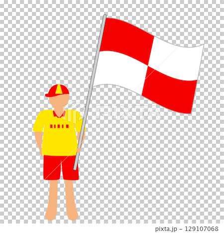 Lifeguard holding a tsunami flag 129107068