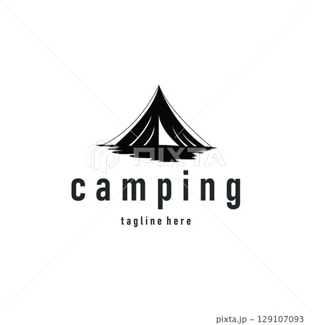 Camping tent logo design with a simple silhouette of a cool wilderness adventure with a modern minimalist design tent as a template illustration 129107093