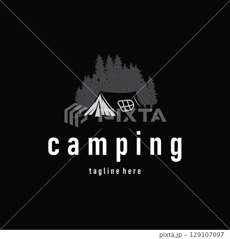 Camping tent logo design with a simple silhouette of a cool wilderness adventure with a modern minimalist design tent as a template illustration 129107097