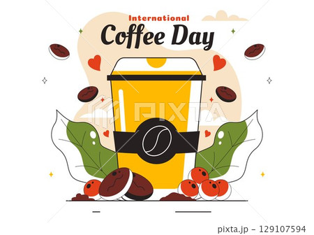 International Coffee Day Vector Illustration on 1st October, Featuring Aromatic Coffee and a Relaxing Drink with a Brown Background in a Cute Cartoon 129107594