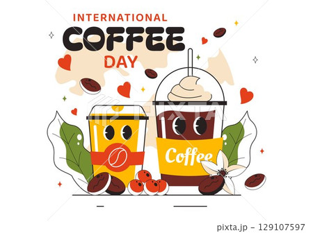 International Coffee Day Vector Illustration on 1st October, Featuring Aromatic Coffee and a Relaxing Drink with a Brown Background in a Cute Cartoon 129107597