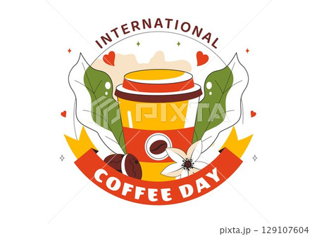 International Coffee Day Vector Illustration on 1st October, Featuring Aromatic Coffee and a Relaxing Drink with a Brown Background in a Cute Cartoon 129107604