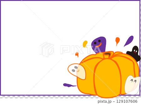 Pumpkins and ghosts on a white background with a frame and copy space on the left 129107606