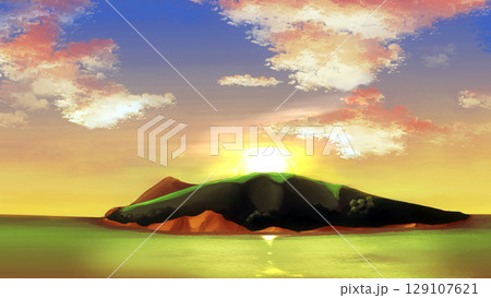 海に浮かぶ島　夕日 129107621