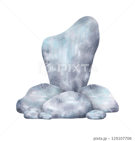 Composition of grey-blue stones. Watercolor and marker illustrations. Art with pebbles and geological minerals, hand-drawn, isolated. Ideal for decorating nature scenes, sea and ocean landscapes. 129107706