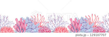 Sea corals, seaweed with stones. Seamless coral reef border. Watercolor and marker illustrations. Hand drawn isolated image. Underwater animals banner for kids room, shower, guidebook. Sea corals, seaweed with stones. Seamless coral reef border. Watercolor and marker illustrations. Hand drawn isolated image. Underwater animals banner for kids room, shower, guidebook. 129107707